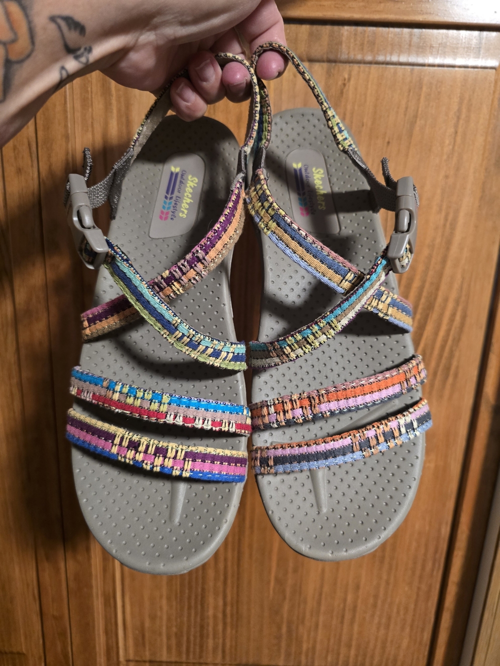 Skechers Gray Sandals with Multicolor Woven Straps
